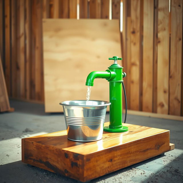 A vibrant green water pump positioned prominently, with a shiny silver bucket placed directly underneath it