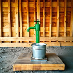 A vibrant green water pump positioned prominently, with a shiny silver bucket placed directly underneath it