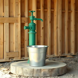 A vibrant green water pump positioned prominently, with a shiny silver bucket placed directly underneath it