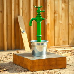A vibrant green water pump positioned prominently, with a shiny silver bucket placed directly underneath it