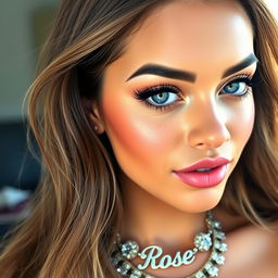 A stunning 18-year-old Latina woman with long, flowing brown hair, striking ice blue eyes, and light freckles adorning her face