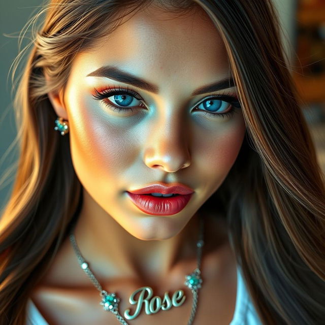 A stunning 18-year-old Latina woman with long, flowing brown hair, striking ice blue eyes, and light freckles adorning her face