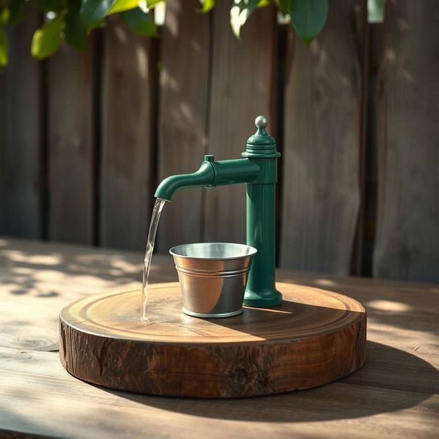 A small selvounier styled green water pump with a shiny silver bucket positioned underneath it