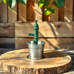 A small selvounier styled green water pump with a shiny silver bucket positioned underneath it