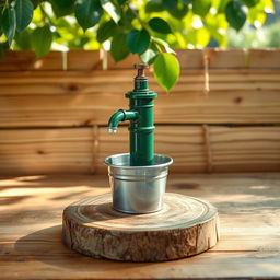 A small selvounier styled green water pump with a shiny silver bucket positioned underneath it