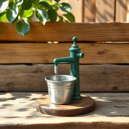 A small selvounier styled green water pump with a shiny silver bucket positioned underneath it