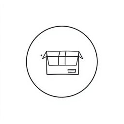 A minimalist black line-drawn icon of a parcel box resembling a postal package, enclosed within a white circle