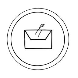 A minimalist black line-drawn icon of a parcel box resembling a postal package, enclosed within a white circle