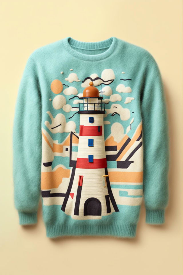 A high-quality digital art image of a crewneck sweatshirt made of alpaca hair, featuring a Wes Anderson-inspired print