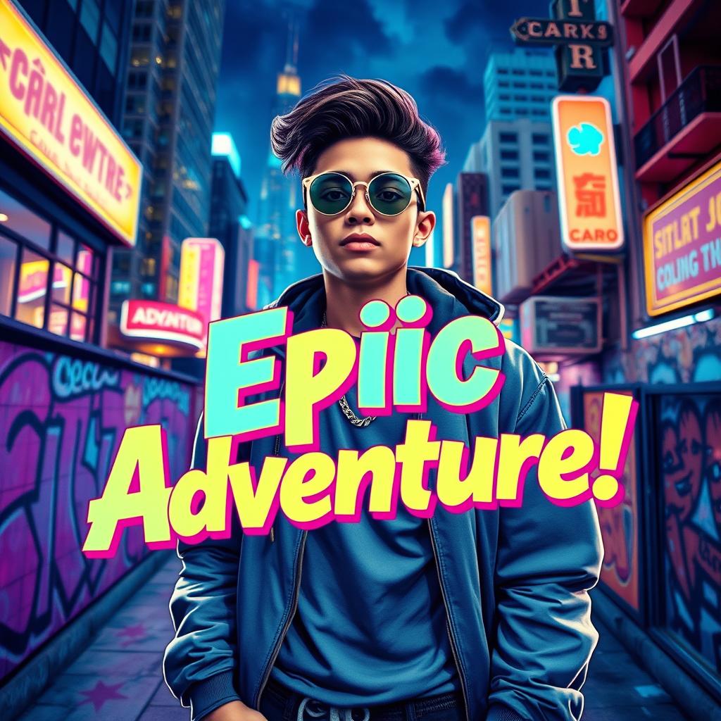 A vibrant YouTube thumbnail depicting a dynamic urban setting with neon lights