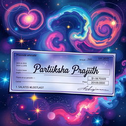 A detailed illustration of a paycheck, prominently displaying the name 'Pratiksha Prajith' on it