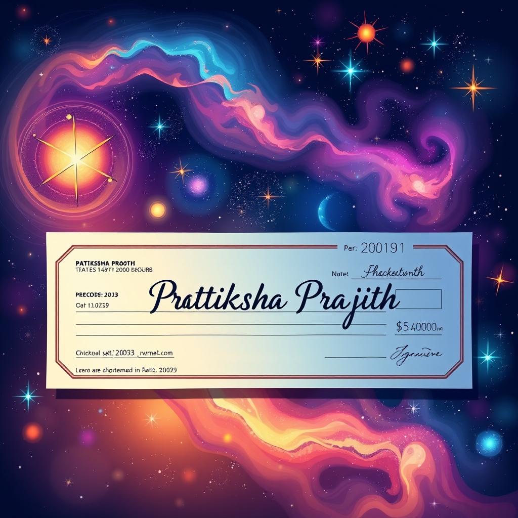 A detailed illustration of a paycheck, prominently displaying the name 'Pratiksha Prajith' on it