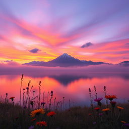 A mystical landscape featuring a vibrant sunset over a tranquil lake