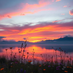 A mystical landscape featuring a vibrant sunset over a tranquil lake