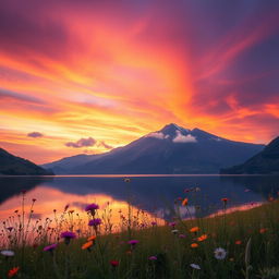 A mystical landscape featuring a vibrant sunset over a tranquil lake
