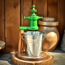 A charming scene featuring a small selvounier, a traditional water pump painted in vibrant green, positioned above a shiny silver bucket that captures the light beautifully