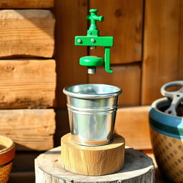 A charming scene featuring a small selvounier, a traditional water pump painted in vibrant green, positioned above a shiny silver bucket that captures the light beautifully