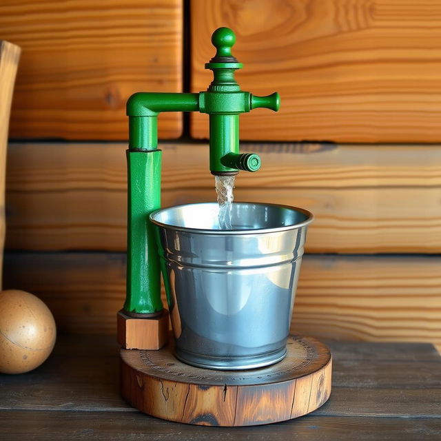 A charming scene featuring a small selvounier, a traditional water pump painted in vibrant green, positioned above a shiny silver bucket that captures the light beautifully