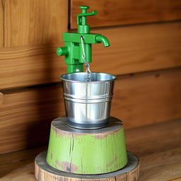 A charming scene featuring a small selvounier, a traditional water pump painted in vibrant green, positioned above a shiny silver bucket that captures the light beautifully