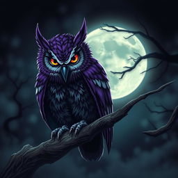 A sinister and menacing owl with rich purple feathers and striking white markings that emphasize its evil demeanor