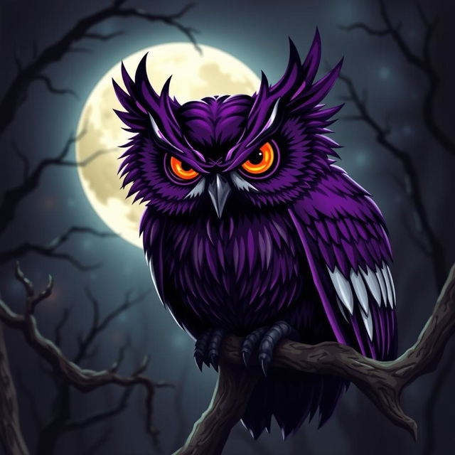 A sinister and menacing owl with rich purple feathers and striking white markings that emphasize its evil demeanor