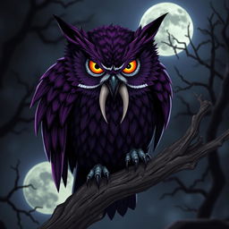 A sinister and menacing owl with rich purple feathers and striking white markings that emphasize its evil demeanor
