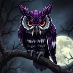 A sinister and menacing owl with rich purple feathers and striking white markings that emphasize its evil demeanor