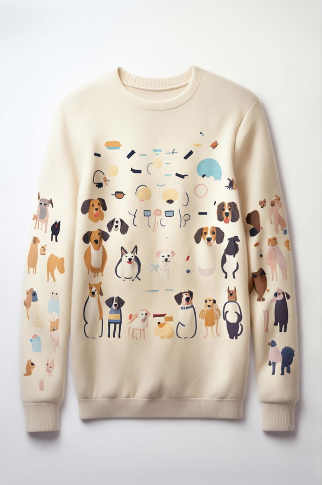 A high-resolution 3D rendered image of a cashmere crewneck sweatshirt featuring a Wes Anderson-inspired dog print