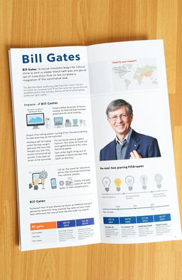 A detailed and informative report featuring Bill Gates, showcasing his contributions to technology, philanthropy, and global health