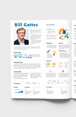 A detailed and informative report featuring Bill Gates, showcasing his contributions to technology, philanthropy, and global health
