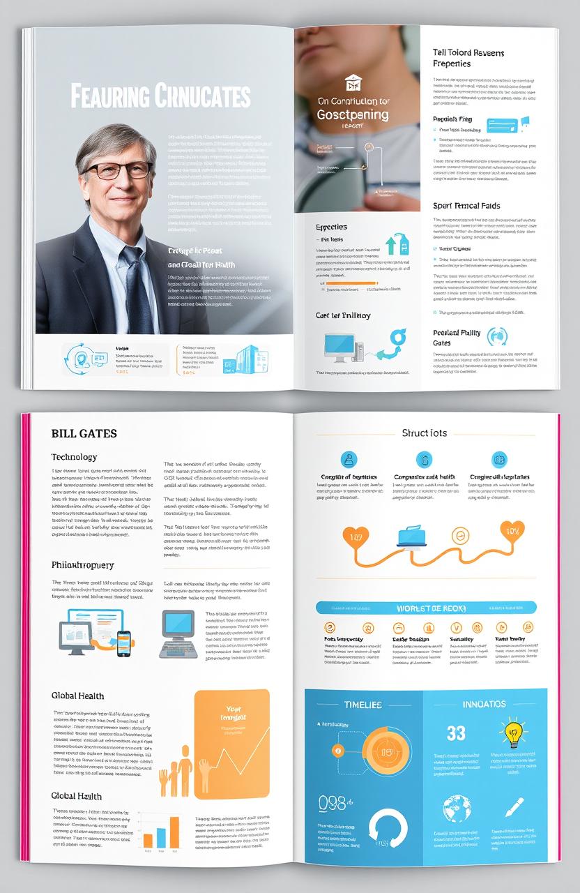 A detailed and informative report featuring Bill Gates, showcasing his contributions to technology, philanthropy, and global health