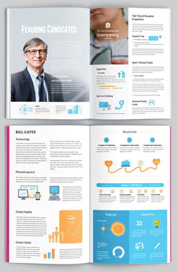 A detailed and informative report featuring Bill Gates, showcasing his contributions to technology, philanthropy, and global health