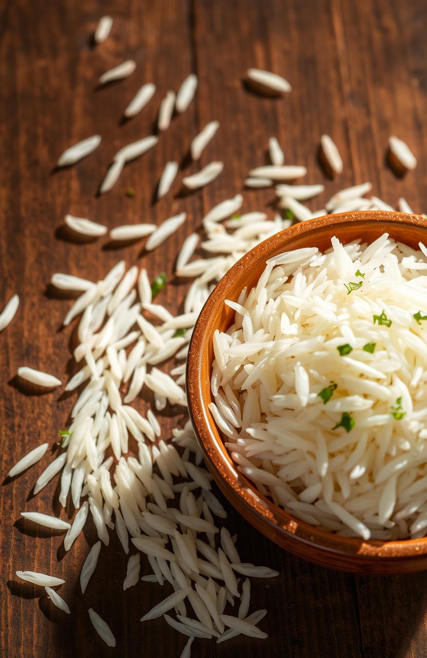 A pristine and vibrant image of real King Basmati rice grains, showcasing the long, slender shape and delicate texture of the rice