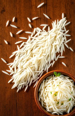 A pristine and vibrant image of real King Basmati rice grains, showcasing the long, slender shape and delicate texture of the rice