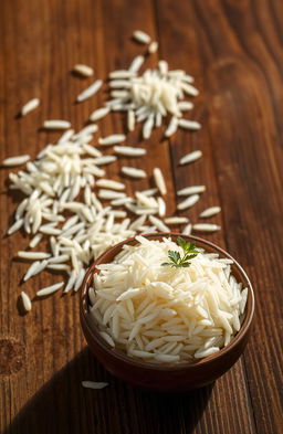 A pristine and vibrant image of real King Basmati rice grains, showcasing the long, slender shape and delicate texture of the rice
