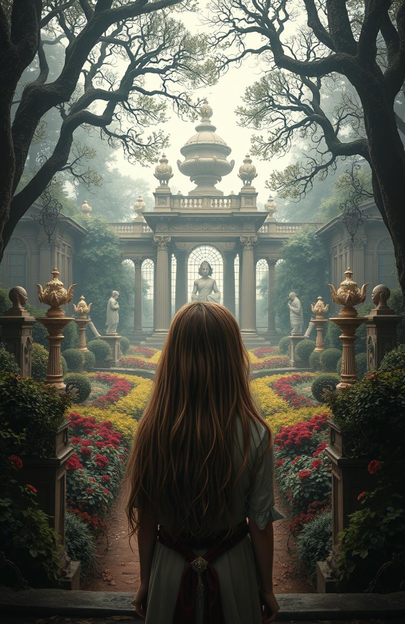 An orphan girl with long, unkempt hair stands at the edge of an opulent estate, gazing at the mysterious heirs of a wealthy family