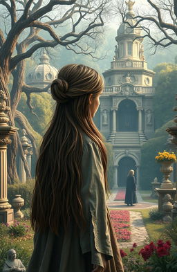 An orphan girl with long, unkempt hair stands at the edge of an opulent estate, gazing at the mysterious heirs of a wealthy family