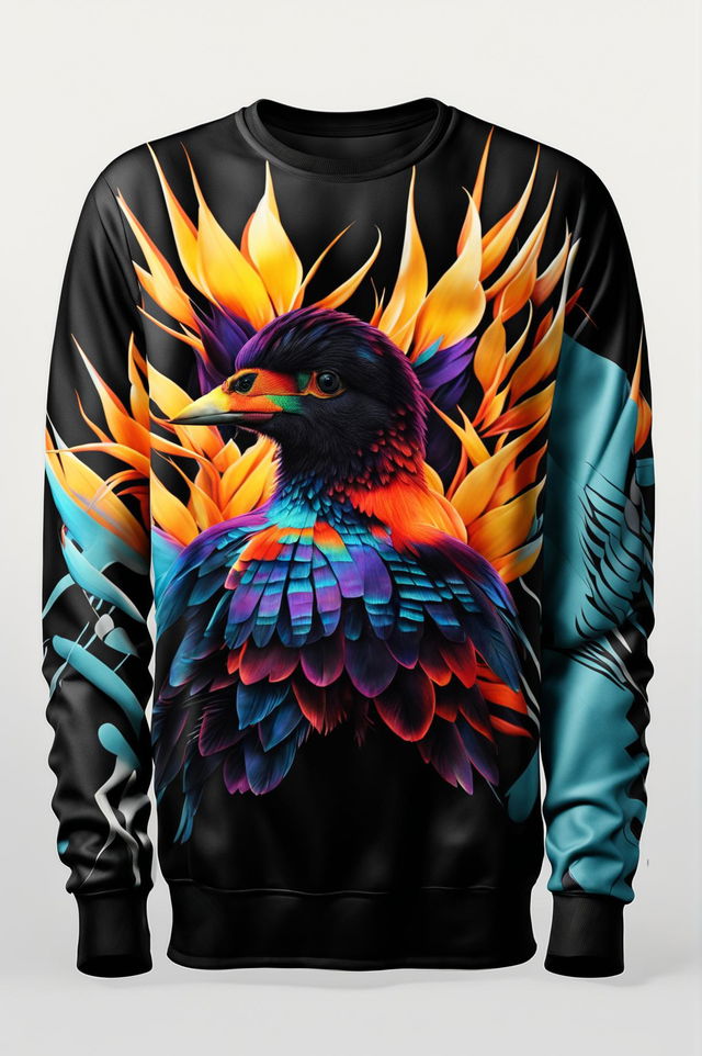 High-quality digital art of a techwear crewneck sweatshirt with a Birds of Paradise print