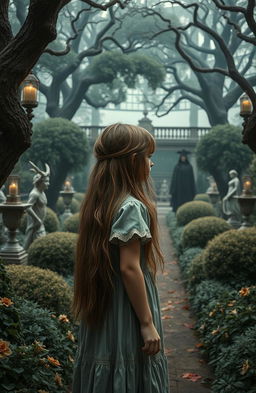 An orphan girl with long, unkempt hair stands at the edge of an opulent estate, gazing at the mysterious heirs of a wealthy family
