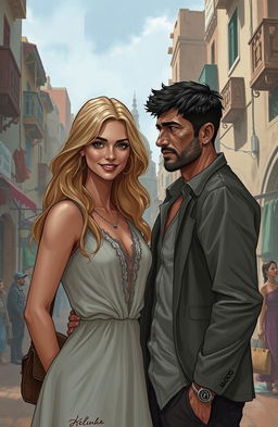 A mixed couple depicted in Kasserine: Doriane, a stunning blonde woman seen as the object of desire, with flowing hair and a captivating smile, stands confidently beside Samir, a troubled man with dark features and an intense expression, revealing his struggles with alcohol and inner demons