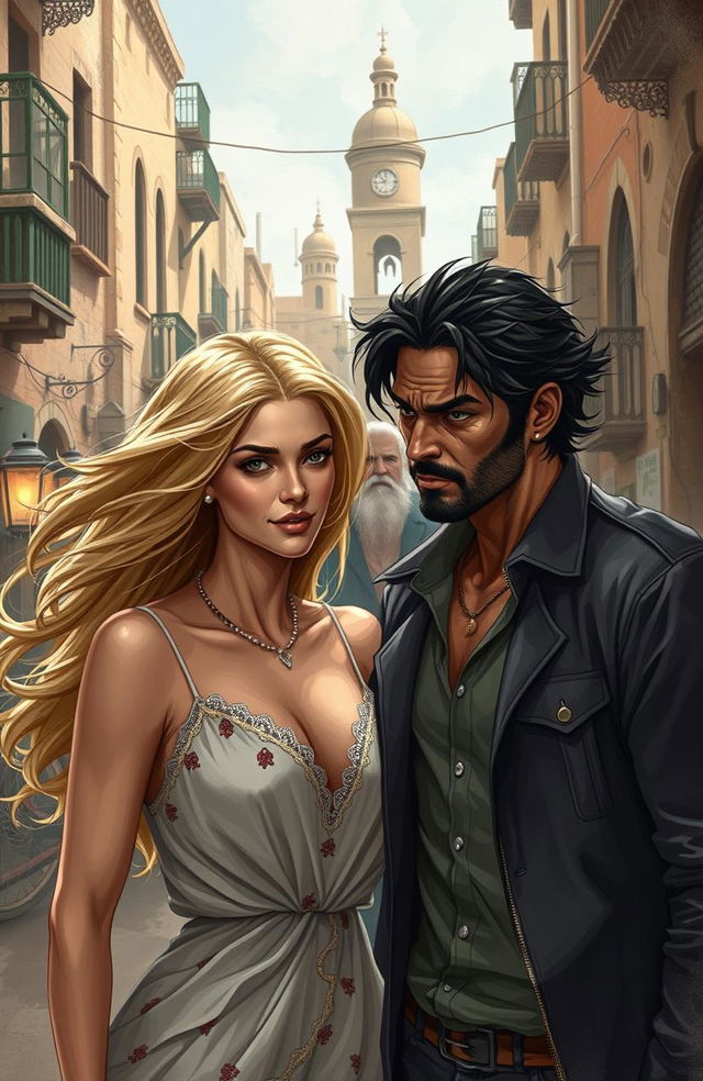 A mixed couple depicted in Kasserine: Doriane, a stunning blonde woman seen as the object of desire, with flowing hair and a captivating smile, stands confidently beside Samir, a troubled man with dark features and an intense expression, revealing his struggles with alcohol and inner demons