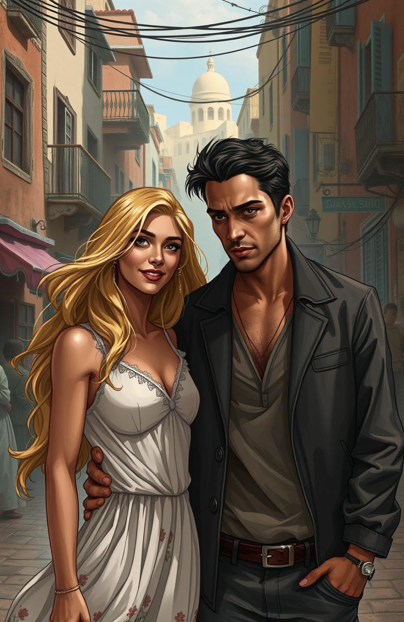 A mixed couple depicted in Kasserine: Doriane, a stunning blonde woman seen as the object of desire, with flowing hair and a captivating smile, stands confidently beside Samir, a troubled man with dark features and an intense expression, revealing his struggles with alcohol and inner demons