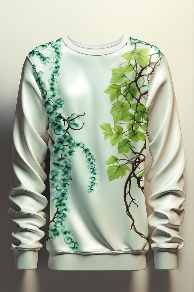 A high-resolution digital art image of a pearl white silk crewneck sweatshirt with a vine print