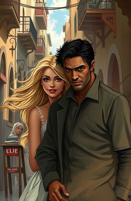 A mixed couple depicted in Kasserine: Doriane, a stunning blonde woman seen as the object of desire, with flowing hair and a captivating smile, stands confidently beside Samir, a troubled man with dark features and an intense expression, revealing his struggles with alcohol and inner demons