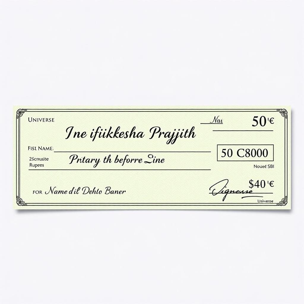 A realistic bank cheque design featuring the name 'Pratiksha Prajith' prominently on the first line before the word 'Pay'