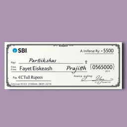 A realistic bank cheque design featuring the name 'Pratiksha Prajith' prominently on the first line before the word 'Pay'