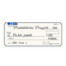 A realistic bank cheque design featuring the name 'Pratiksha Prajith' prominently on the first line before the word 'Pay'