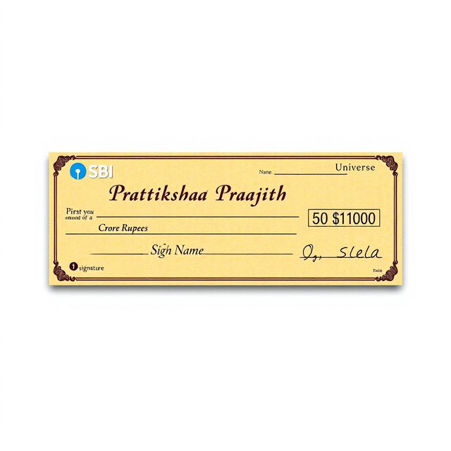 A realistic bank cheque design featuring the name 'Pratiksha Prajith' prominently on the first line before the word 'Pay'