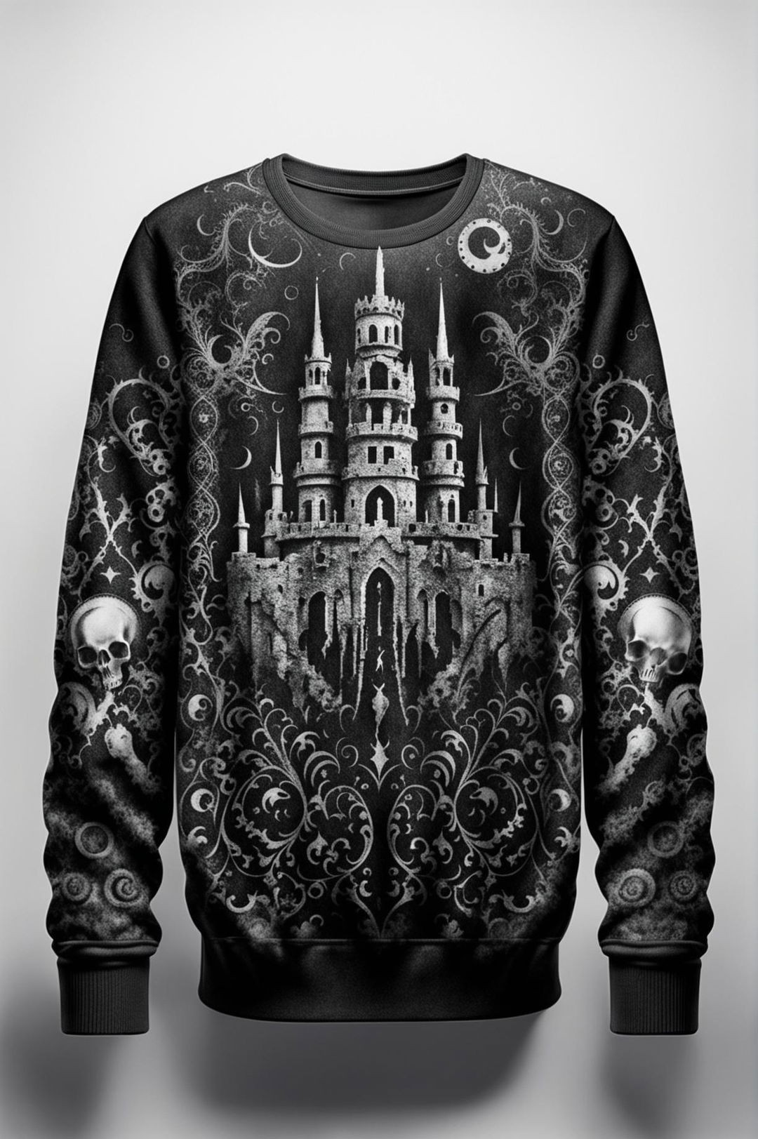 A high-resolution digital art image of a distressed black alpaca hair crewneck sweatshirt featuring a gothic print