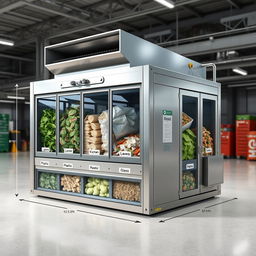 A highly detailed 3D rendering of an industrial grinding machine designed for waste processing, featuring five distinct compartments specializing in leaves, plastics, kitchen waste, glass, and papers